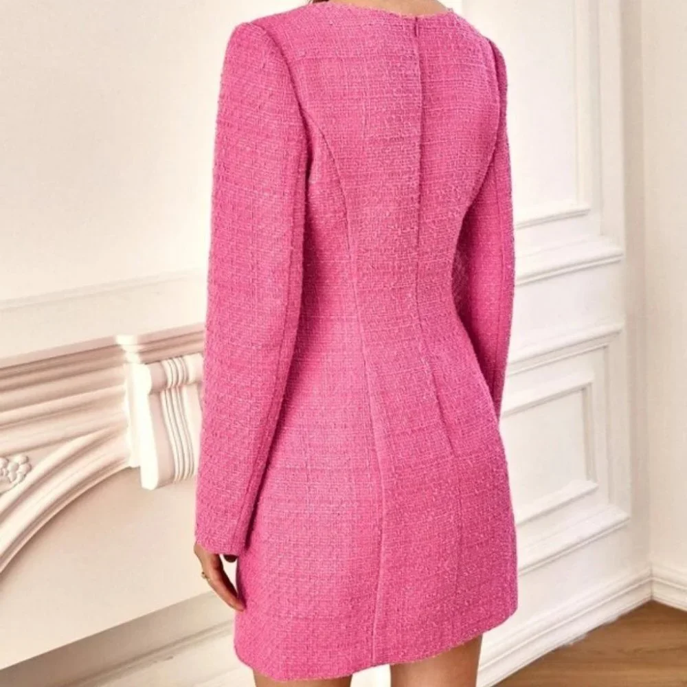 Tweed Button detailed Long sleeved v-neckline Pink Mini Dress - Picture 3 of 6